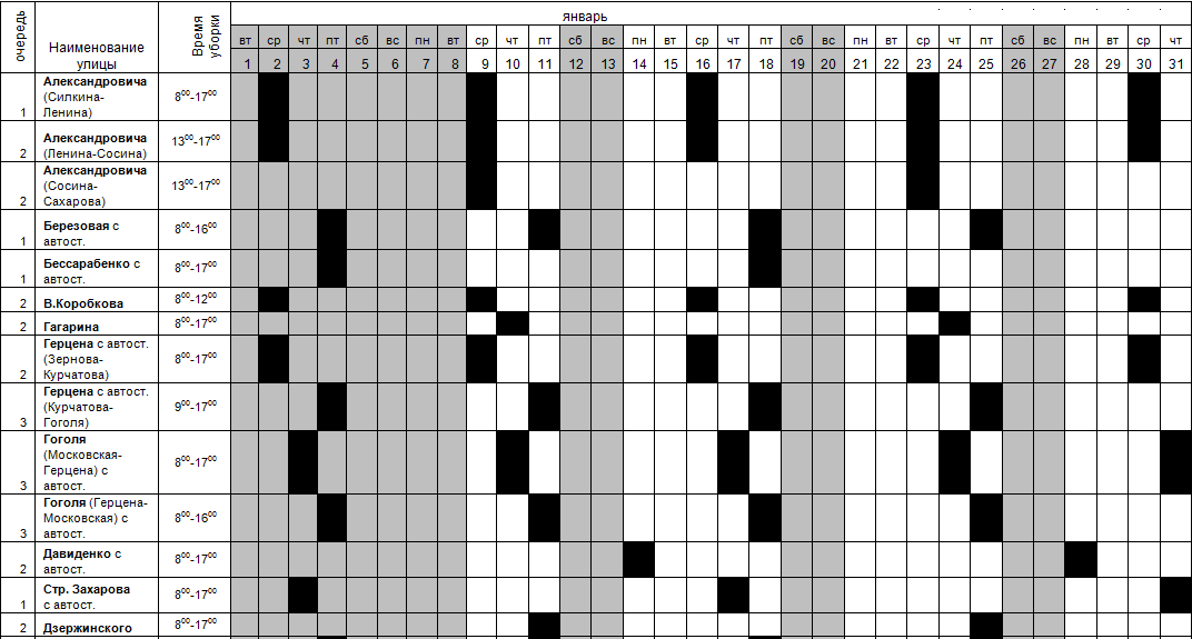 Соблюдайте график механизированной уборки улиц и дорог в январе 2019 года